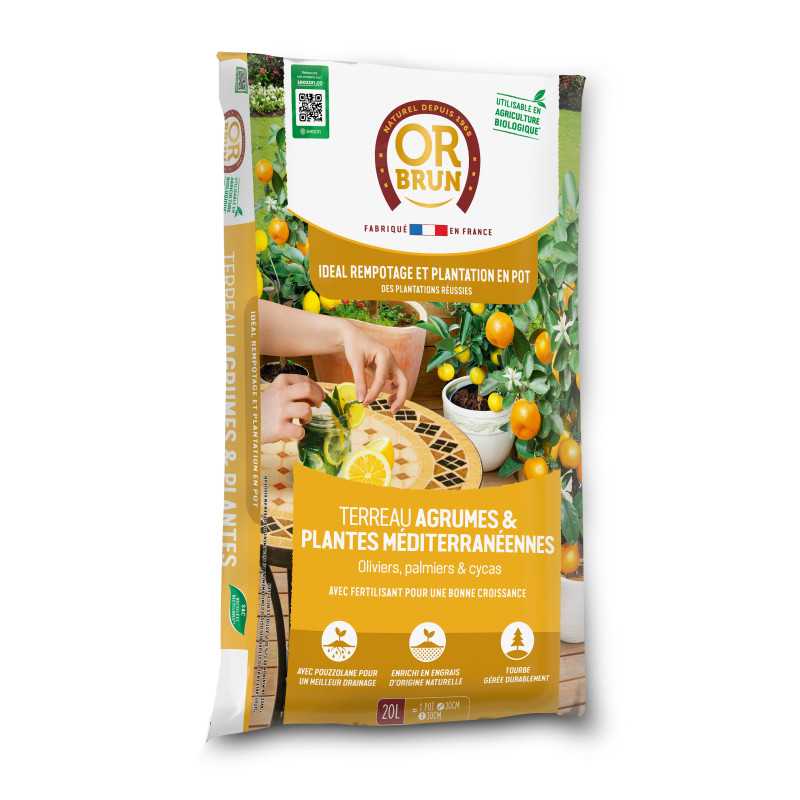 Terreau Agrumes & Plantes Méditerranéennes Or Brun 20 L - Drainage et Nutrition Équilibrés