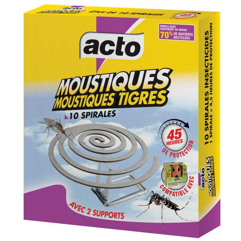 Pack de spirales anti-moustiques tigre Multitanks avec 10 spirales et 2 supports inclus.